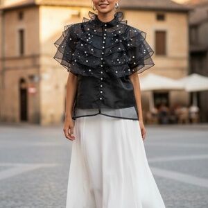 #A018 Nancy EveningGlam ModernElegance Black Organza Pearl Ruffle Blouse NWOT L